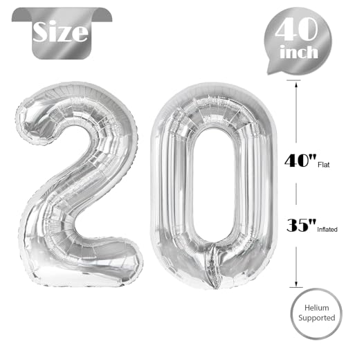 Image of Silver Number 20 Balloon 40 inch, 20 Number Balloons, 20th Silver Birthday Decorations, 20 Year Old Silver Party Supplies