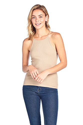 Khanomak Women's High Neck Racer Back Ribbed Cami Tank Top (Large, Desert)