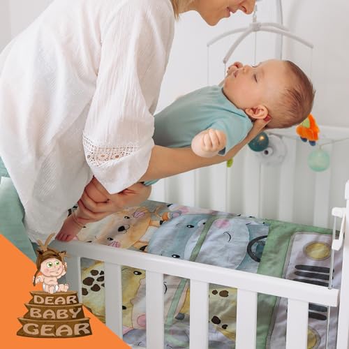 Image of Dear Baby Gear Deluxe Baby Crib Sheet - Cotton Polyester Infant Sheets - Soft Machine-Washable Crib Mattress Cover - Newborn Nursery Bedsheet - Safari Party on Adventure Print, 52x28x10