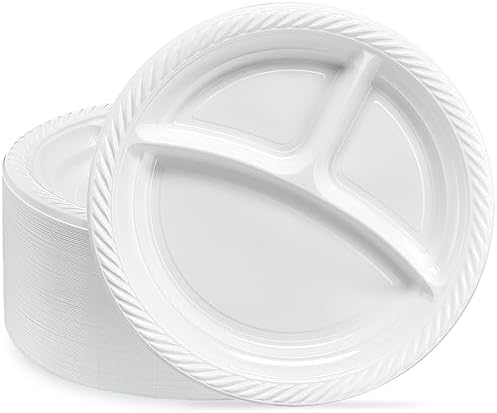 PLASTICPRO 9 inch Round Plastic Plates 3 Compartment – 3 Section Plates Microwaveable, Disposable, White, Dinnerware 200 Count PLASTICPRO 9 inch Round Plastic Plates 3 Compartment – 3 Section Plates Microwaveable, Disposable, White, Dinnerware 200 Count