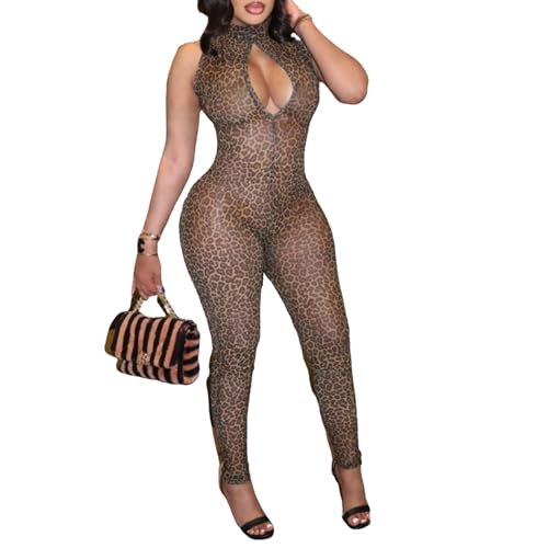 Molilove Women's Sexy Cheetah Print Jumpsuits Mesh See Through Hollow