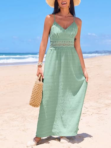 CUPSHE Women Backless Maxi Beach Summer Dress V Neck Lace Cutout Back Tie Spaghetti Strap Casual Wedding Guest Dresses4