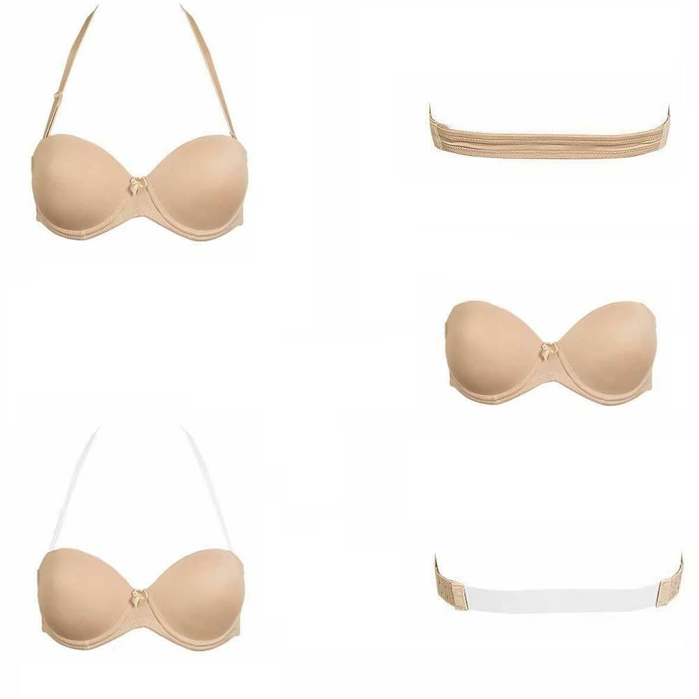Plusexy Strapless Bra with Cear Straps and Back Push Up Halter Convertible Backless Bras for Women, Nude, 32C