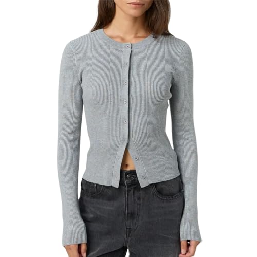 Image of FeMereina Women Y2K Button Front Crop Sweater Cardigan Solid Color Crew Neck Long Sleeve Knit Fall Tops Streetwear Knitted Crop Cardigan Shirt (Light Grey, L)