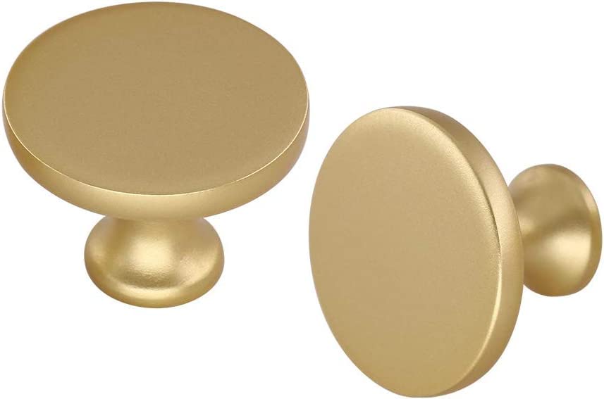 LONTAN 10 Pack Gold Knobs: Cupboard & Drawer Knobs, Round, Solid, Rustproof, Brass-Zinc Alloy, 1.25" Diameter, 1" Projection