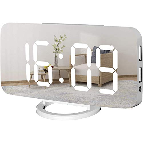 Doumneou Digital Alarm Clock Mirrored LED Display,USB Charger, Snooze Function Dim Mode Beside Desk Clock for Bedroom White