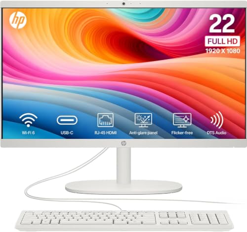 Image of HP 22 inch FHD All-in-One Desktop Computer, 16GB RAM, Quad-Cores Intel N100, Windows 11, 128GB Storage, Office 365 for Web, Keyboard & Mouse Included, White