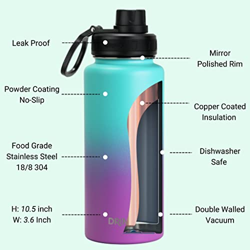 Image of Drinco Stainless Steel Water Bottle Spout Lid Vacuum Insulated Double Wall Water Bottle Wide Mouth Leak Proof Keep Cold Sport Camping Hiking (32oz Ombre Fuchia Teal)