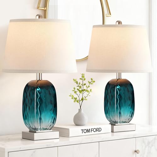 Table Lamp Set of 2 Touch Control, Coastal Teal Blue Glass Bedside Lamp with USB A+C Ports, 3-Way Dimmable Beach Nightstand Lamps with White Fabric Shade for Living Room Bedroom (LED Bulbs Included) - Image 9