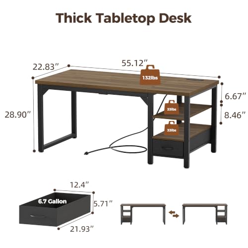 Image of Mericonia 54 inch Computer Desk with Drawer, 1.2 inch Thick Reversible Office Desk | Modern Writing Table with Power Outlets & Storage Shelves, Heavy Duty Industrial Executive Desk for Home Bedroom Study Work