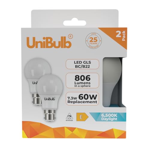 Unibulb B22 GLS Bayonet 7.3W Energy Efficient LED Light Bulb, 806 Lumens, 6500K Daylight, 60W Equivalent, 25,000hr Life, Non-Dimmable, Pack of 2
