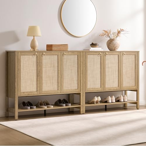 Image of SICOTAS Rattan Shoe Cabinet for Entryway - 2 Pieces Large Boho Shoe Storage Organizer with Adjustable Shelves & 3 Doors, Tall Shoe Rack Cabinet for Hallway, Living Room, Closet