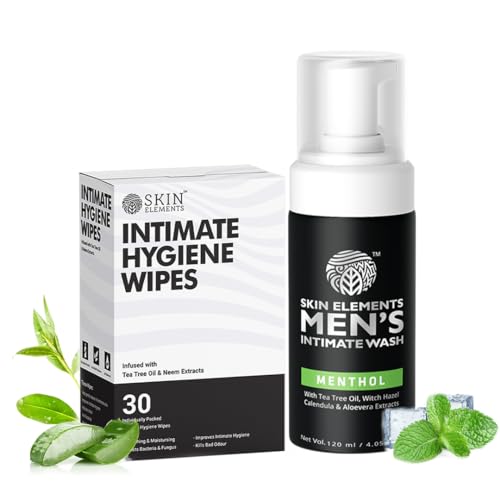 Skin Elements Intimate Hygiene Combo | Intimate Wash Men 120 ml With Menthol + Intimate Wipes 30 Individual Sachets With Tea Tree & Neem Extracts-Ph Balanced Foaming Wash | Prevents Irritation & Odor