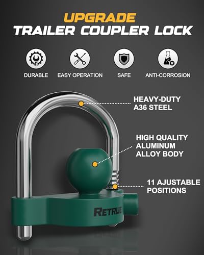 RETRUE Universal Coupler Lock Trailer Locks Ball Hitch Trailer Hitch Lock Adjustable Security Heavy-Duty Steel Fits 1-7/8 Inch, 2 Inch, 2-5/16 Inch Couplers, Green - Thumbnail 4