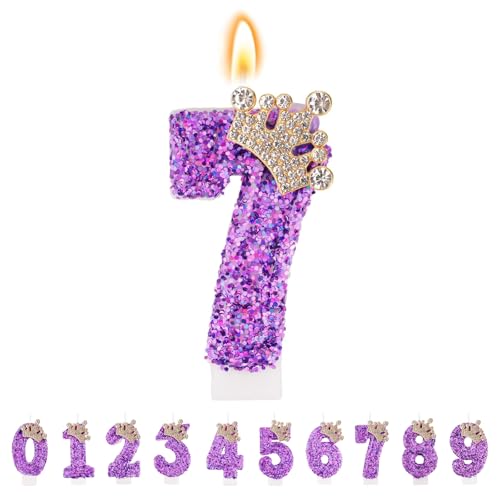 TESGADGETS Vela de cumpleaños lila, vela de cumpleaños combinable con número 7 para pasteles, vela brillante con número 7 como adorno para celebraciones