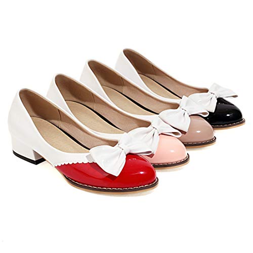 VOKLIN Women's Slip On Chunky Block Low Heeled Pump Shoes Round Toe Bow Patent Leather Two Toned Dress Shoes4