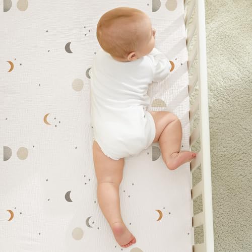 Image of Bearmoss Muslin Crib Sheets - 100% Cotton Baby Crib Sheets Fitted for Standard Crib Mattress & Toddler Bed Mattress 52 inchx28 inch Soft Breathable Crib Sheet Neutral for Boys Girls - 2 Pack (Grey Moon)
