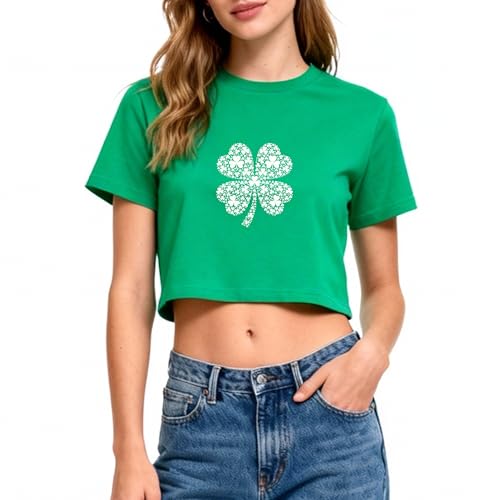 St Patricks Day Crop Top: Shamrock Pattern Crewneck Short Sleeve Shirt Womens Outfits for St. Patrick's Day Shirt