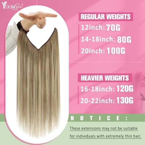 Image of YoungSee Wire Hair Extensions Light Brown Invisible Wire Hair Extensions Human Hair Balayage Light Brown Mix Platinum Blonde Fish Line Hair Extension with Extra Clips 85G 18 Inch