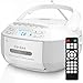 Greadio Boombox CD Player portatile, lettore a cassette con Bluetooth, radio FM con telecomando, riproduzione AUX/USB, registratore a cassette, cavo AC/batteria, schermo LCD per bambini (bianco) immagine