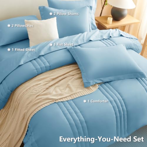Image of CozyLux Full Size Comforter Sets Aqua Blue - 7 Pieces Bed in a Bag, Modern Vertical Quilted Room Decor, Soft All-Season Bedding Gift with Comforter, Sheets, Pillowcases & Shams