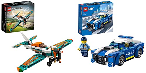 Image of LEGO City Police Car 60312 Building Kit+42117 Technic Race Plane Toy to Jet Aeroplane 2 in 1 Building Set-(Set of 2Toys), 154 Pieces, Multicolor