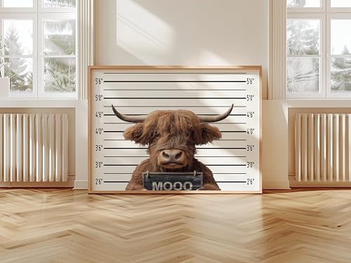 Image of aj decor Highland Cow Mugshot Wall Art Print Poster, Dog Pet Lover Picture Painting Artwork Bedroom Living Room Office Dining Room 151D (Highland Cow Mugshot, 11 inch W x 14 inch L, Wood Frame)
