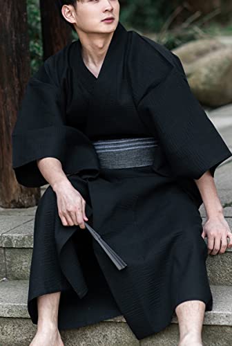 Mens Classic Yukata Loose Kimono, Japanese Style Bathrobe Long Sleeve Robe Cotton Sleepwear Nightgown for Men3