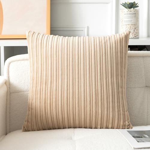 UGASA Velvet 18x18 Inch Soft Throw Pillow Covers Decorative Corduroy Striped Both Sides Solid Square Cushion Cases Boho Farmhouse for Couch Bedroom Sofa Home, Pack of 2, Beige