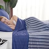 Syalife Couverture d'été ultra fine et légère avec fibre Q-Max 0,5 Arc-Chill double face pour dormeurs chauds et flashs – Couverture d'été double face (bleu marine rayé, 152,4 x 203,2 cm)