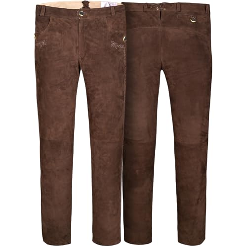 German Wear Trachten Lederhosen lang Herren aus echtem Ziegenleder – Braun mit Zopfstickerei & Gürtelschlaufen – Original weiche Trachtenhosen aus Wildleder für Volksfest & Alltag Braun - 58