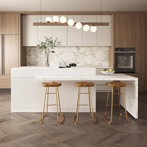 A wide-angle shot of the white Homary kitchen island in a modern kitchen, showing the marble pattern top and the extendable section partially out.