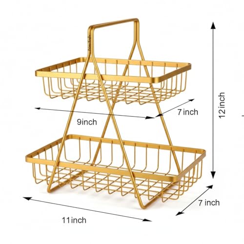 Image of 2 Tier Metal Fruit and Vegetables Basket with Handle | Fruit Vegetables Snacks and Bread Organizer for Kitchen, Dining Table, Livingroom | Bathroom Countertop Stand (Design 2 - Gold)