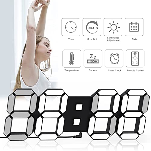 Covery Digital 3D Led Wall Clock - Large 15 Inch Clocks With Alarm Nightlight, Thermometer, And Remote Control - Perfect For Bedroom, Parent's Room - Corded Electric - Black Frame #TOP2