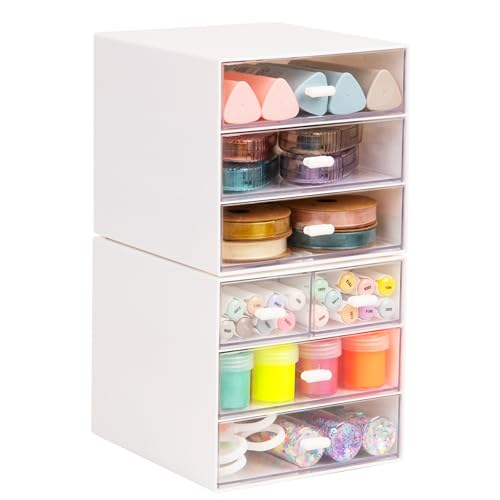 Mind Reader Stackable Craft Supply Organizer, 6 Drawer Desktop Storage with Clear Drawers, Plastic, Set of 2, White by Mind Reader - Used condition - US$16.12