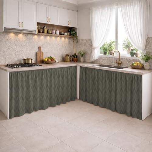 Image of LINENWALAS Under Sink Curtain for Kitchen - Pack of 2 | Herringbone Embossed Design Polyester Under-Sink Cover | Storage-Hiding Curtain with Rod Pocket | Kitchen & Bathroom (132x71 CM, Graphite Grey)