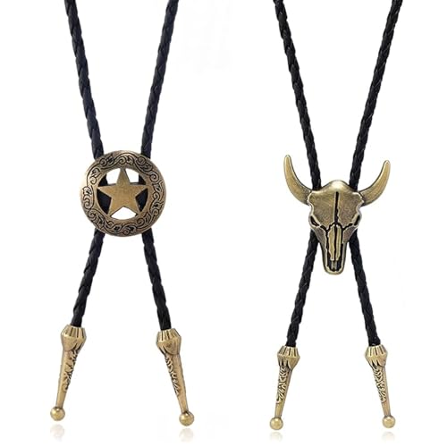 FveVqe 2Pcs Cowboy Necklace, Bolo Tie Set for Men/Women, Adjustable Cowboy Neck Tie with Vintage Cow Skull & Star Pendants, Handmade Leather Cowboy Tie Rodeo Accessories, Valentine's Day Gift