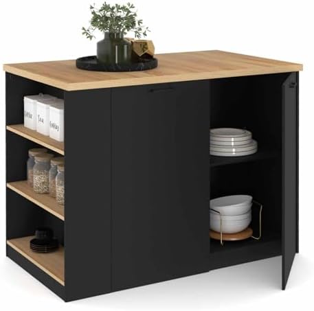 IDMarket - Ilot central TIBO 120 cm bois noir avec plan de travai...