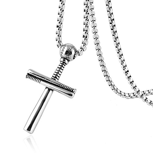 Hzman Athletes Cross Necklace By Pendant Sports Stainless Steel Baseball And Baseball Bat Cross Necklace (Silver) #TOP1