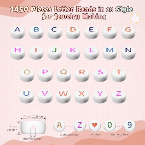 Image of FZIIVQU 1400 Pcs Letter Beads Kit, 28 Styles White Acrylic Alphabet Beads | Letter Beads for Jewelry Making wiht Number Beads Heart Beads Friendship Bracelet Kit