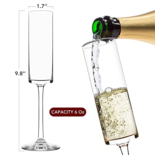 Chouggo Champagne Flutes Glass Set Of 6, Hand Blown Crystal Champagne Glasses - Hand Crafted By Artisans - Premium Crystal - Gift For Birthday, Wedding, Anniversary, Christmas - 6Oz, Clear #TOP4