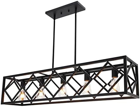 MELUXEM 5 Light Industrial Kitchen Island Lighting in Matte Black Finish Linear Pendant Light Farmhouse Chandelier Metal Hanging Ceiling Fixture