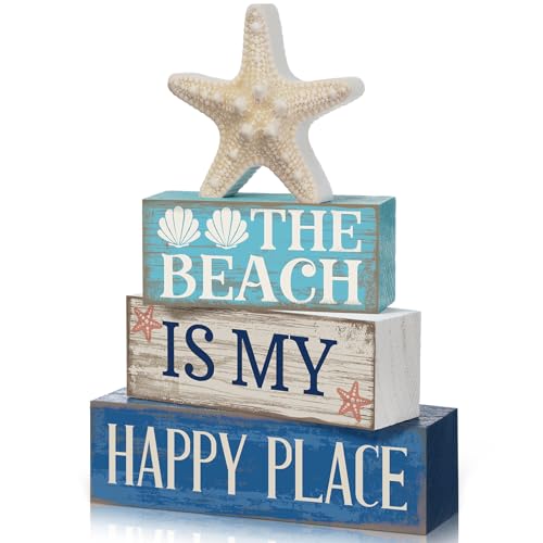 Image of Moucuny 4 Pcs Summer Table Decoration Beach Tiered Tray Decor Starfish Coastal Rustic Wooden Block Sign Gifts Blue and White Ocean Centerpieces Farmhouse Beach Nautical Decor for Home Shelf Mantel