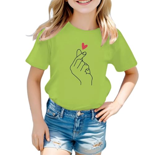Image of Girls' T-Shirt with Crew Neck Graphic Short Sleeve Summer Top for Active Casual Looks Soft Cotton, Light green, 7-8 Years