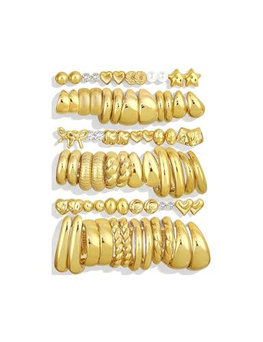 36 Pairs Chunky Gold Hoop Earrings Set for Women, Gold Plated Lightweight Open Twisted Earring Multipack, Thick Big Heart Bow Stud Hoops Earring Stack for Gift