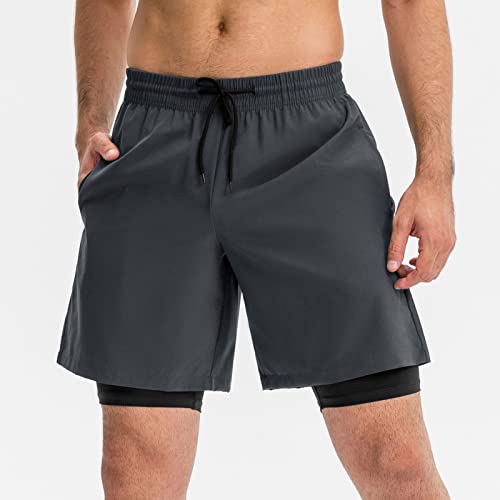 Chusui Calções desportivos 2 em 1 masculinos com bolso elástico respirável basquetebol e corrida des