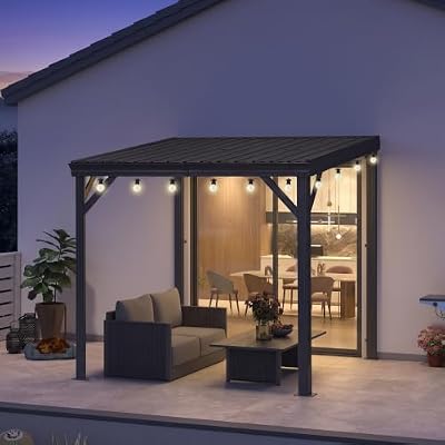 PURPLE LEAF 8' x 8' Wall Mounted Gazebo with Light Metal Roof Sloped Drainage Design Space-Saving Grill Gazebo for Small Backyard Deck and Outdoor Cooking Area