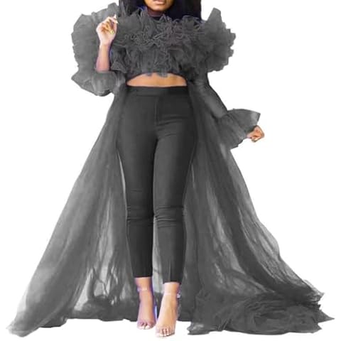 WDPL Women's Short Ruffles Tulle Blouses Shirts Top Tulle Capes (Medium, Black) Cover