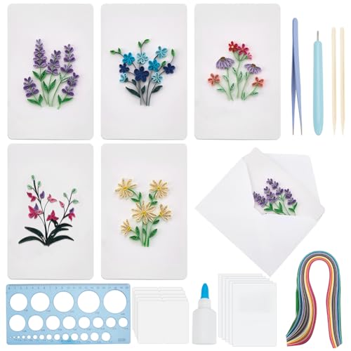 WEBEEDY 20 Set Papier Quilling Kit Für Erwachsene Anfänger 5 Stile Blumen Quilling Grußkarten Bastelset Mit Anleitung DIY Einzigartige Blumenkarten Für Hochzeit