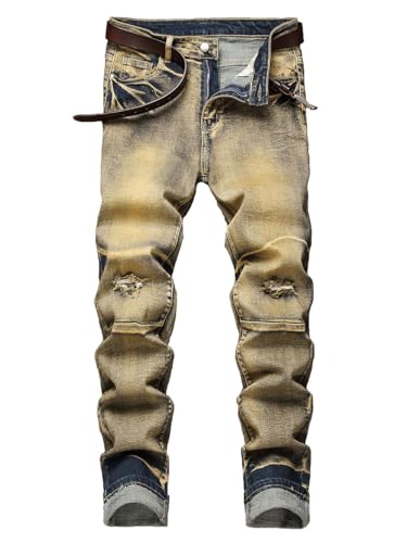 Mens Jeans Slim Fit Streetwear Grunge Hip Hop Faded Dark Wash Stretchy Skinny Ripped Jeans